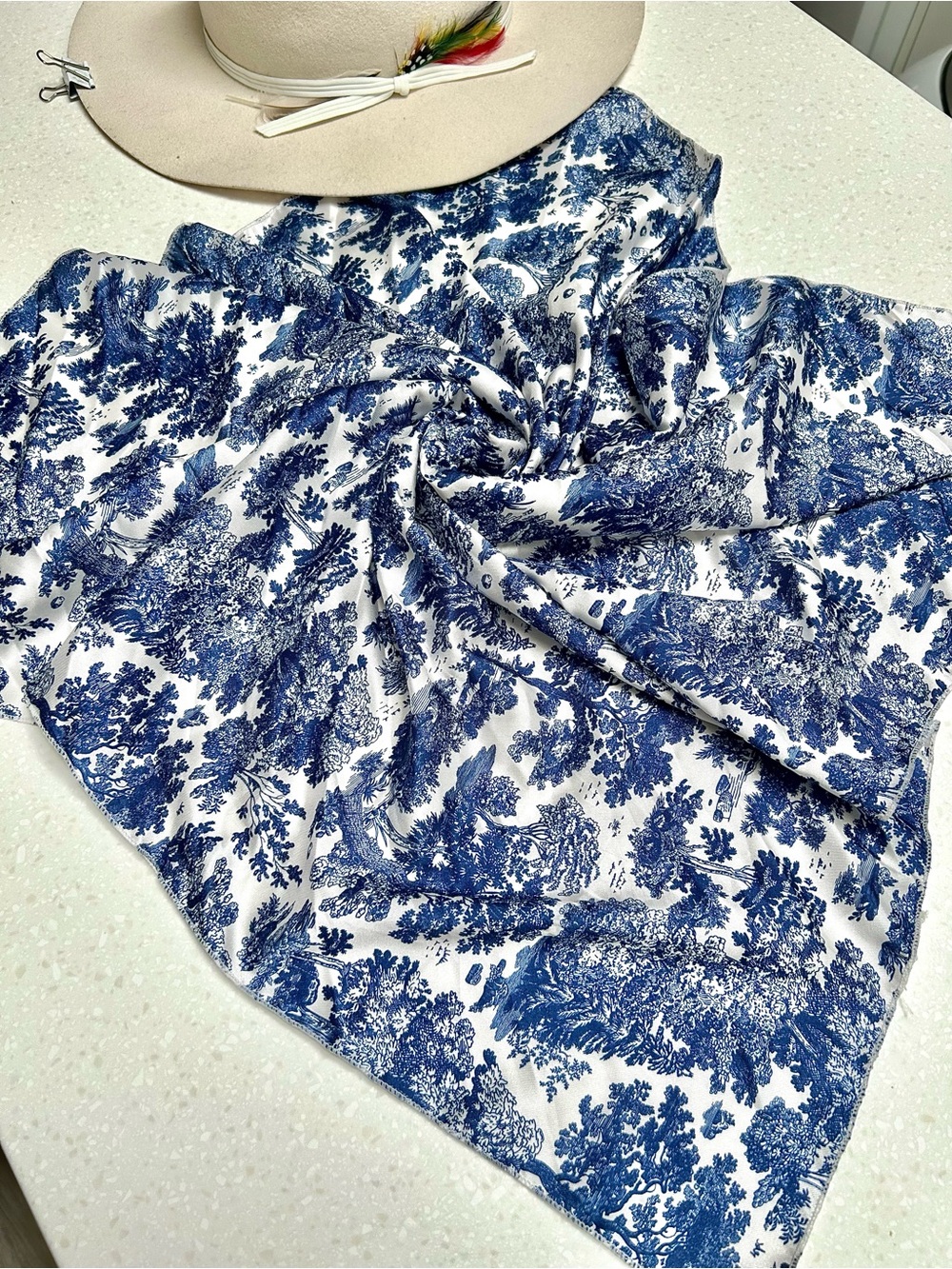 Tree Mediterranean vibe Fashion Scarf - White & Blue Scenic Print